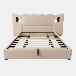Cama para arrumação de roupa de cama 180x200 cm - com luz de leitura e função de carregamento - com estrado de ripas - Bege
