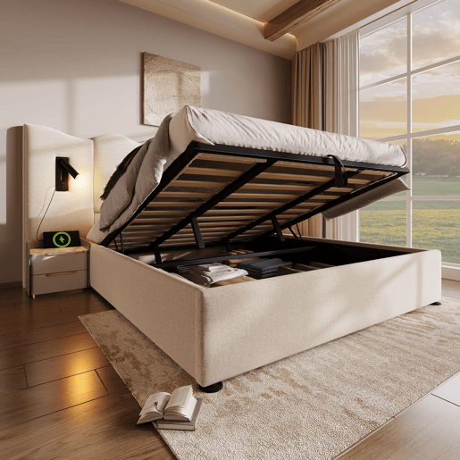 Cama para arrumação de roupa de cama 180x200 cm - com luz de leitura e função de carregamento - com estrado de ripas - Bege