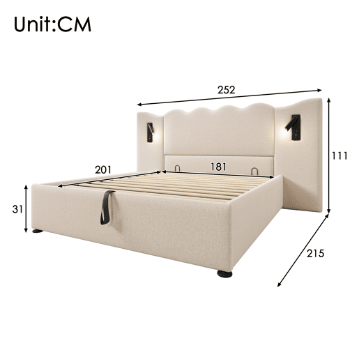 Cama para arrumação de roupa de cama 180x200 cm - com luz de leitura e função de carregamento - com estrado de ripas - Bege
