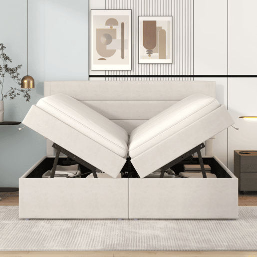Cama para arrumação com estrado de ripas - 140x200 cm - tecido de linho - Bege