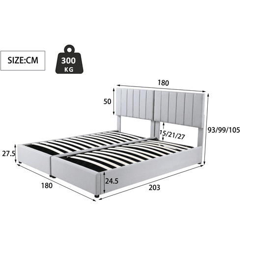 Cama Canapé estofada em tecido de linho - 180x200cm - convertível em 2 camas individuais - Cinzento