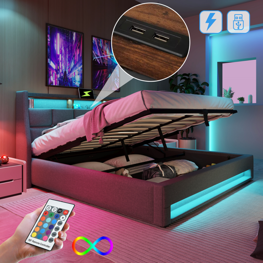 Cama para arrumação de roupa de cama 140x200 cm com LED e portas USB - estrado - cinzento