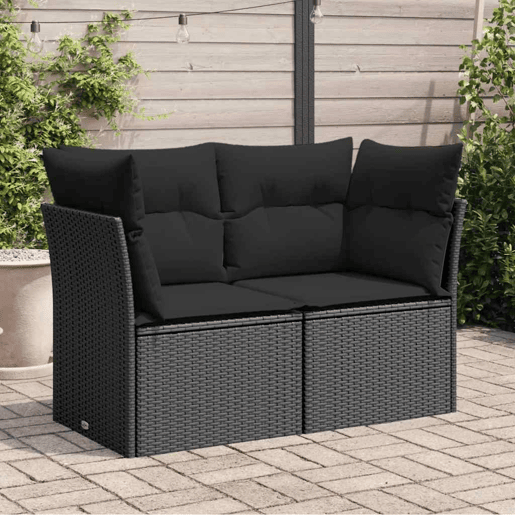 vidaXL Sofá de jardim com almofadas, 2 lugares, vime sintético preto