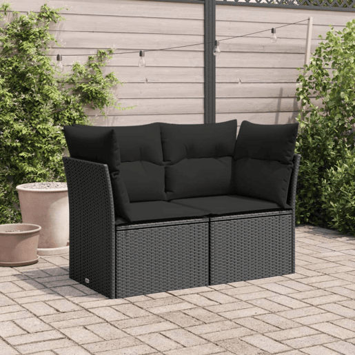 vidaXL Sofá de jardim com almofadas, 2 lugares, vime sintético preto