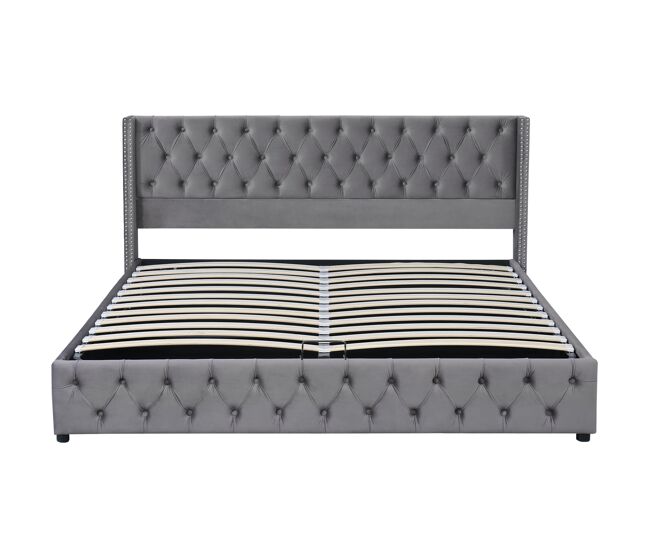 Cama contenedor de terciopelo con somier de láminas 180x200 cm - gris
