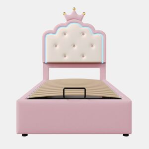 Cama contentora estofada 90x200 cm em imitação de pele - com LED e estrado - Rosa