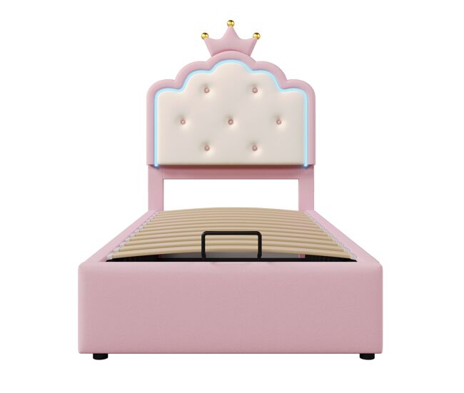 Cama contenedor tapizada 90x200 cm en símil piel - con led y somier - rosa