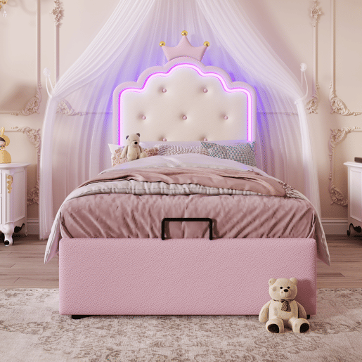 Cama contentora estofada 90x200 cm em imitação de pele - com LED e estrado - Rosa