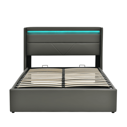 Cama de couro sintético de 140x200cm com LED - com estrado - Cinzento