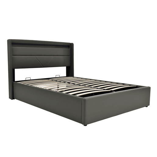 Cama de couro sintético de 140x200cm com LED - com estrado - Cinzento
