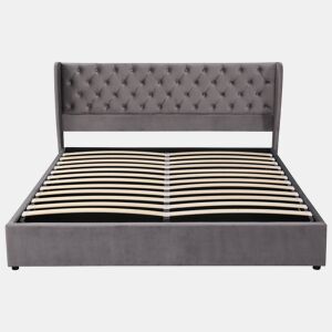 Cama de contentor estofada em veludo 180x200 cm com estrado de ripas - Cinzento