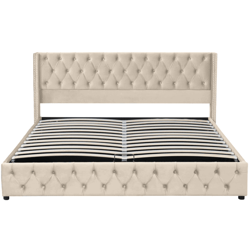Cama contentora de veludo com estrado de ripas 180x200 cm - Bege