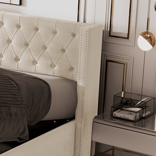 Cama contentora de veludo com estrado de ripas 180x200 cm - Bege