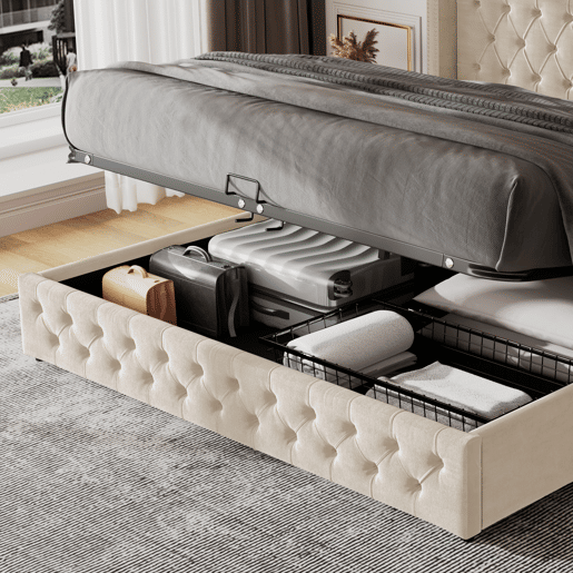 Cama contentora de veludo com estrado de ripas 180x200 cm - Bege