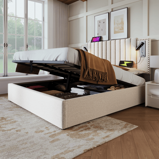 Cama contentora em tecido de algodão 140x200 cm - com luzes de leitura e portas de carregamento USB - com estrado de ripas - Bege