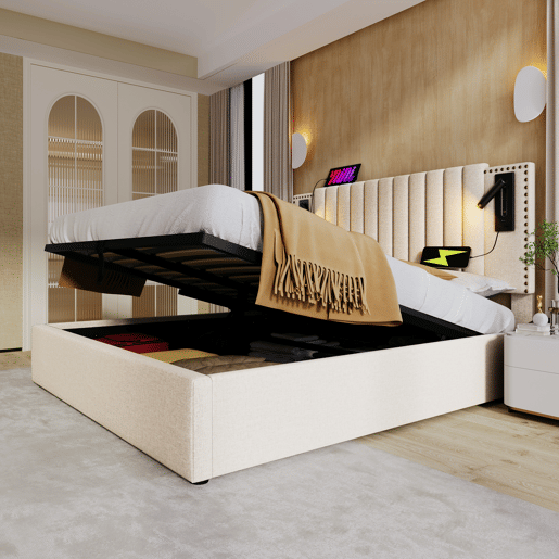 Cama contentora em tecido de algodão 140x200 cm - com luzes de leitura e portas de carregamento USB - com estrado de ripas - Bege