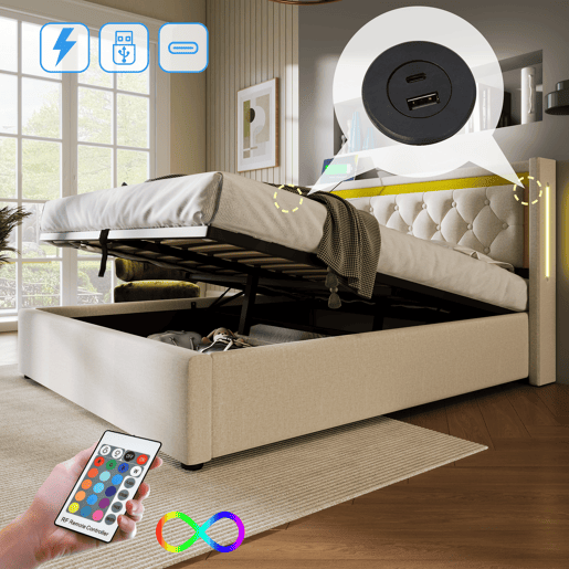 Cama de algodão para arrumação 160x200 cm com LED e portas USB - com estrado - Bege