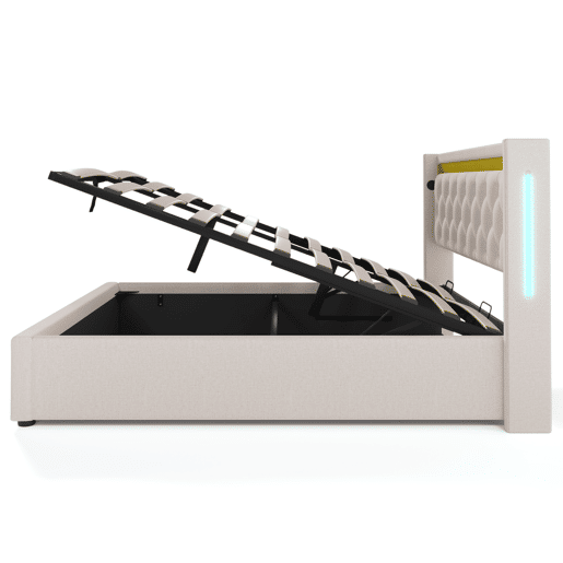 Cama de algodão para arrumação 160x200 cm com LED e portas USB - com estrado - Bege