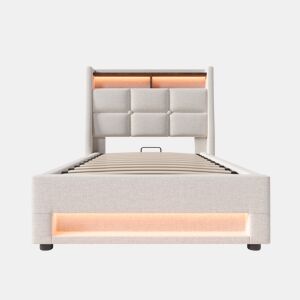 Cama para arrumação de roupa de cama 90x200 cm com LED e portas USB - estrado de ripas - bege