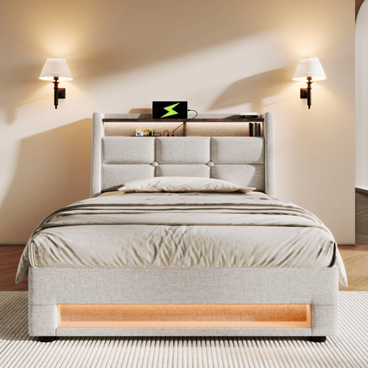 Cama para arrumação de roupa de cama 90x200 cm com LED e portas USB - estrado de ripas - bege