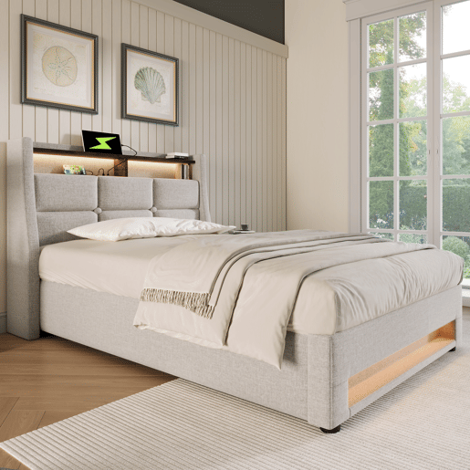 Cama para arrumação de roupa de cama 90x200 cm com LED e portas USB - estrado de ripas - bege