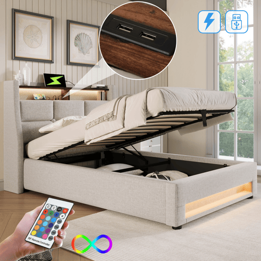 Cama para arrumação de roupa de cama 90x200 cm com LED e portas USB - estrado de ripas - bege