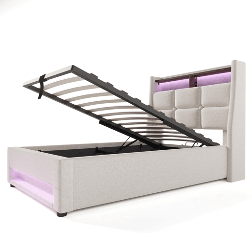 Cama para arrumação de roupa de cama 90x200 cm com LED e portas USB - estrado de ripas - bege