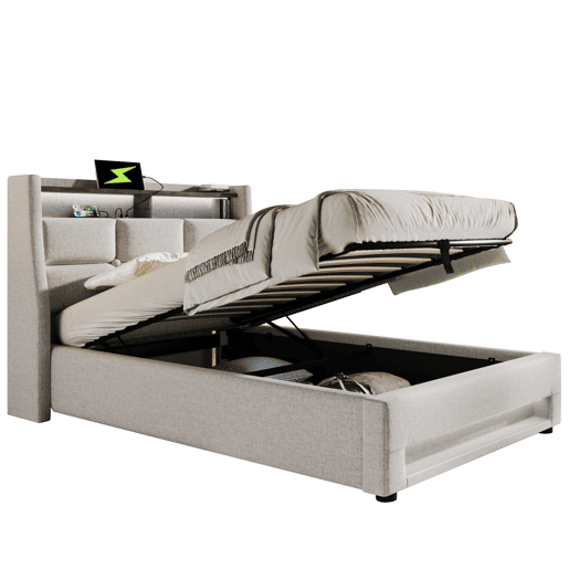 Cama para arrumação de roupa de cama 90x200 cm com LED e portas USB - estrado de ripas - bege