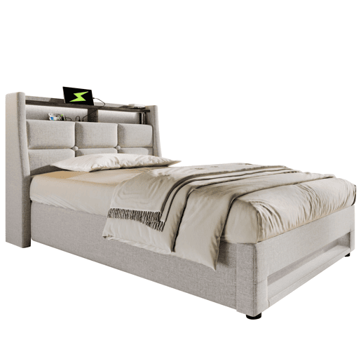 Cama para arrumação de roupa de cama 90x200 cm com LED e portas USB - estrado de ripas - bege