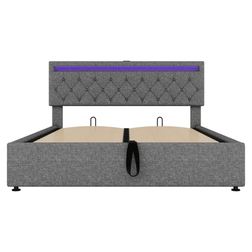 Cama estofada 160x200 cm - com luz ambiente, armazenamento, USB e Tipo-C - Cinza