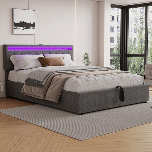 Cama estofada 160x200 cm - com luz ambiente, armazenamento, USB e Tipo-C - Cinza