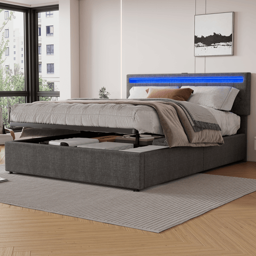 Cama estofada 160x200 cm - com luz ambiente, armazenamento, USB e Tipo-C - Cinza