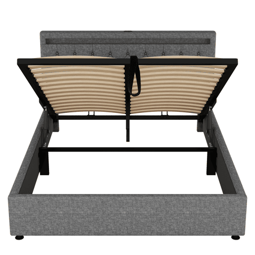 Cama estofada 160x200 cm - com luz ambiente, armazenamento, USB e Tipo-C - Cinza