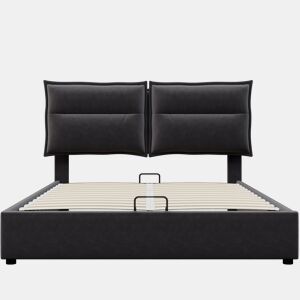Cama de contentor estofada em veludo 140x200 cm com cabeceira regulável e estrado de ripas - Preto