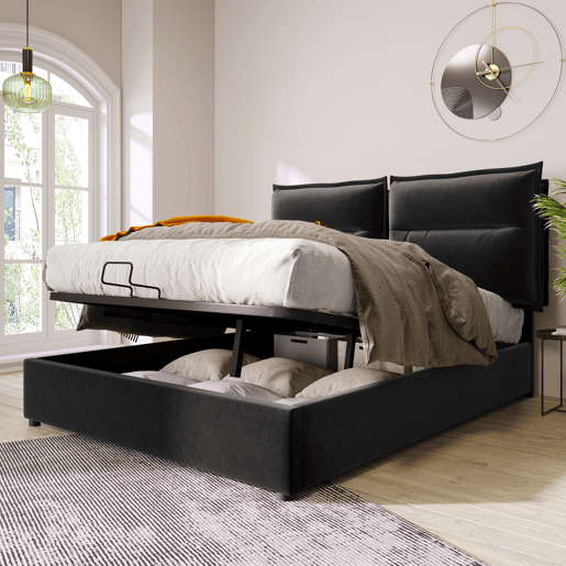 Cama de contentor estofada em veludo 140x200 cm com cabeceira regulável e estrado de ripas - Preto