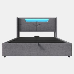 Cama contentora 140x200cm estofada em linho - com LED e portas de carregamento - com estrado de molas - Cinzento