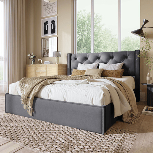 Cama com arrumação estofada 140x200 cm em tecido de algodão - com estrado de ripas - Cinzento