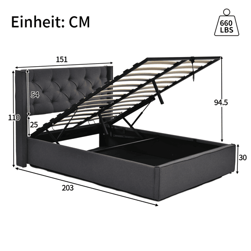 Cama com arrumação estofada 140x200 cm em tecido de algodão - com estrado de ripas - Cinzento