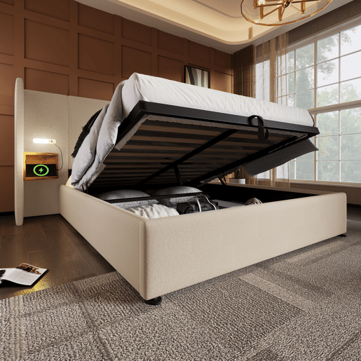 Cama contentora de linho 160x200 cm - 2 mesas de cabeceira com luz de leitura e função de carregamento - com estrado de molas - Bege