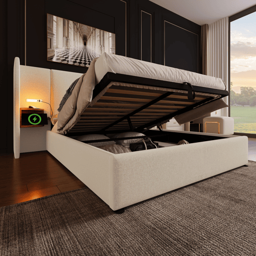Cama contentora de linho 160x200 cm - 2 mesas de cabeceira com luz de leitura e função de carregamento - com estrado de molas - Bege
