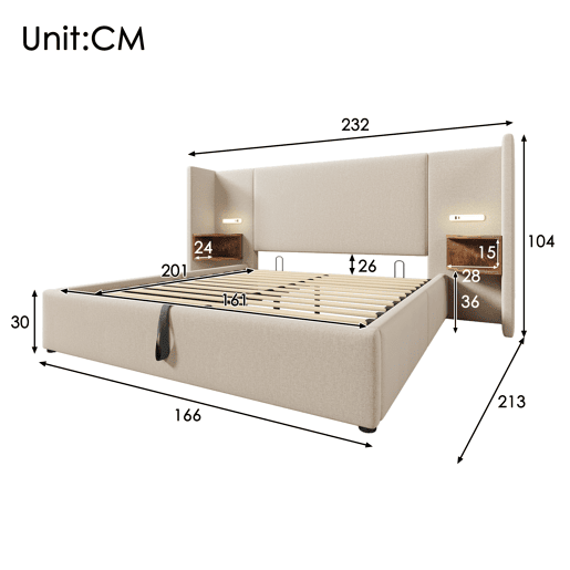 Cama contentora de linho 160x200 cm - 2 mesas de cabeceira com luz de leitura e função de carregamento - com estrado de molas - Bege