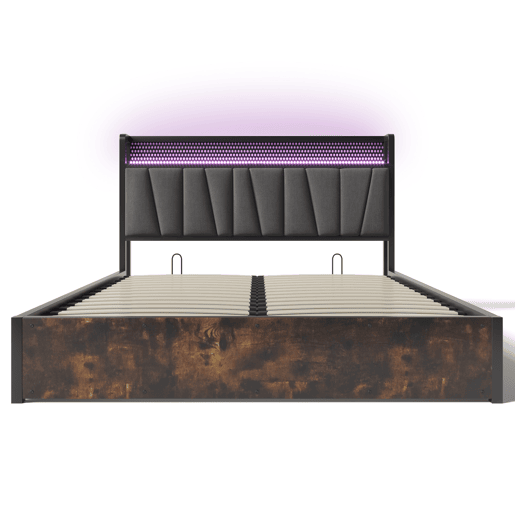 Cama para arrumação de roupa de cama 160x200 cm - com LED, portas de carregamento e estrado de ripas - Cinzento