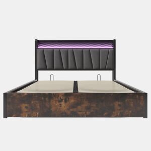 Cama para arrumação de roupa de cama 160x200 cm - com LED, portas de carregamento e estrado de ripas - Cinzento