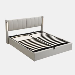 Cama contentora estofada em pele sintética - 160x200 cm - com porta USB e LED - cabeceira de ângulo ajustável - Cinzento