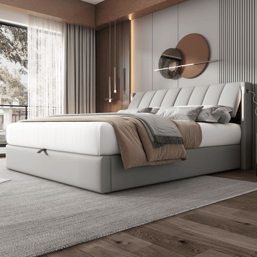 Cama contentora estofada em pele sintética - 160x200 cm - com porta USB e LED - cabeceira de ângulo ajustável - Cinzento