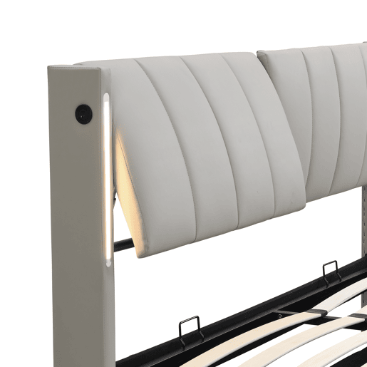 Cama contentora estofada em pele sintética - 160x200 cm - com porta USB e LED - cabeceira de ângulo ajustável - Cinzento