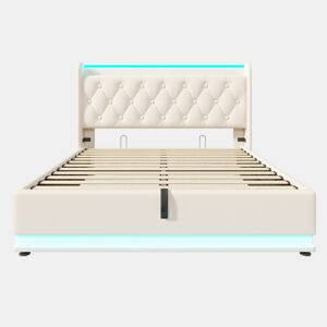Cama contentora em pele sintética 160x200 cm - com LED e fichas USB e tipo C - Branco