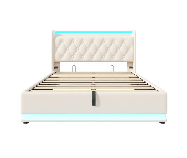 Cama contenedor de piel sintética de 160x200 cm - con led y enchufes usb y tipo c - blanco