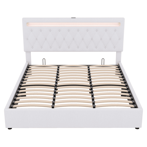 Cama estofada 180x200 cm - Hidráulica com luz ambiente e USB - Branca