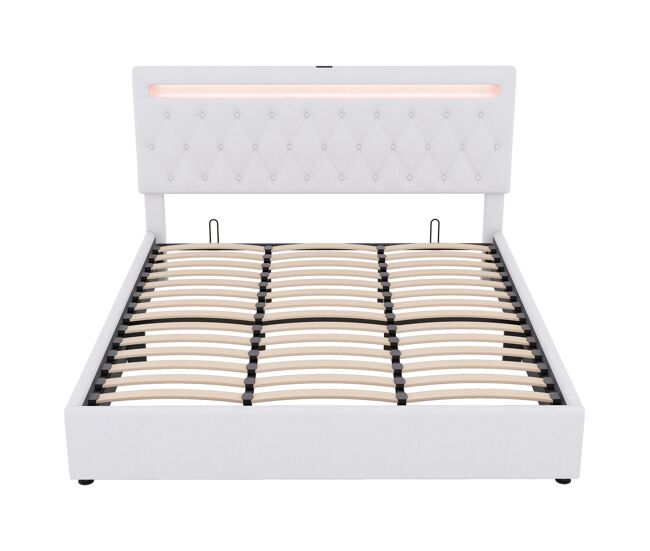 Cama tapizada 180x200 cm - hidráulica con luz ambiental y usb - blanca